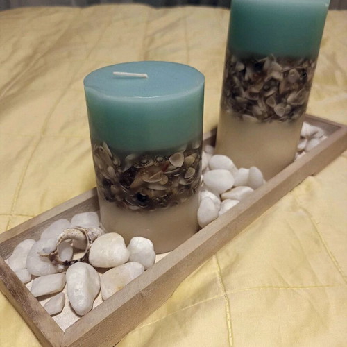 Sea Waves candle set with shells and wooden base like new