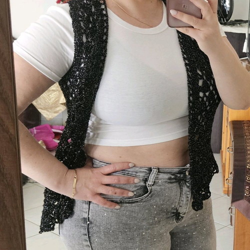 Handmade knitted vest like new, black with silver shimmer