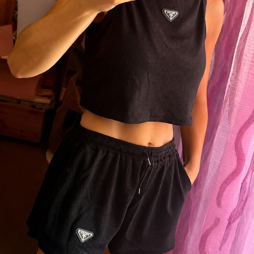 Prada inspired black rib crop top and shorts set