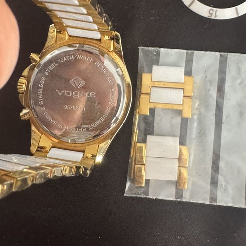 Vogue Chronograph Swiss Movement watch, gold and white, extra bezels and links