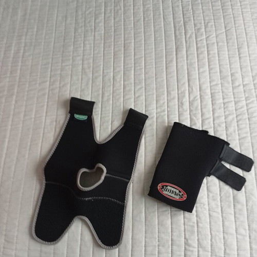 Sensiplast knee brace and John's left wrist orthopaedic splint