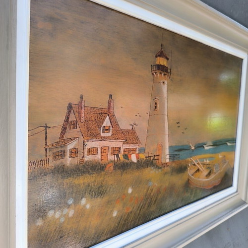 Handmade Pyrography Painting 48x69 cm with Lighthouse, like new
