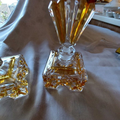 Crystal toilet set used, 2 bottles with yellow double crystal