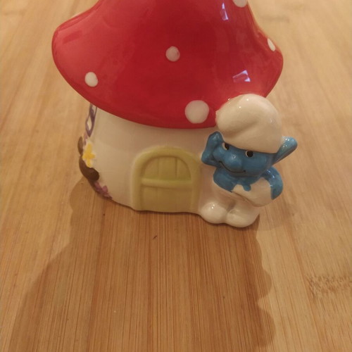 Mushroom Smurf Piggy Bank like new, ceramic