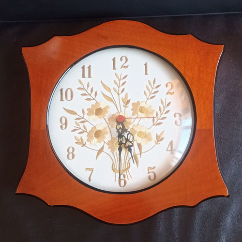 Vintage Solid Wood Wall Clock with Embroidered Dial 1980s-1990s