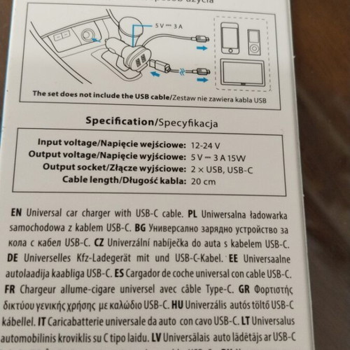 Car USB charger 3A with USB-C cable