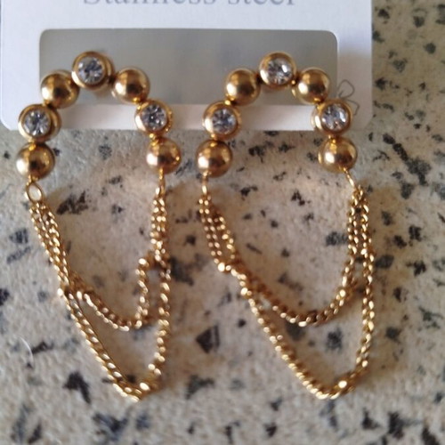 Dangling earrings with double chains and decorative stones, stainless steel, new