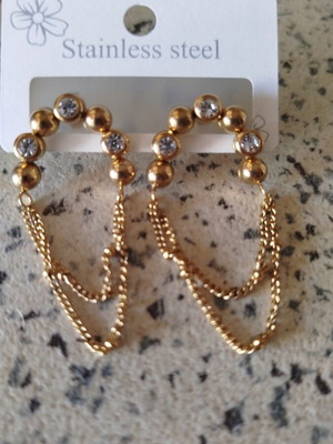 Dangling earrings with double chains and decorative stones, stainless steel, new