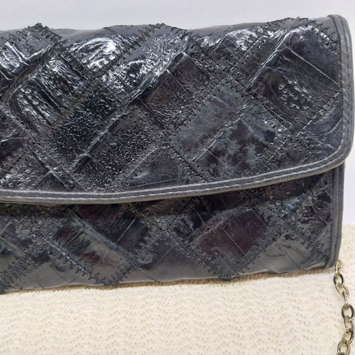 Vintage small leather evening bag, patchwork design, black