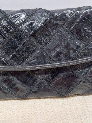Vintage small leather evening bag, patchwork design, black