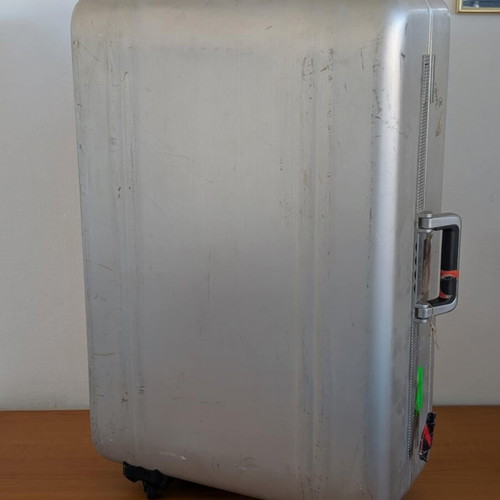 Zero Halliburton metal travel suitcases used, silver, pair