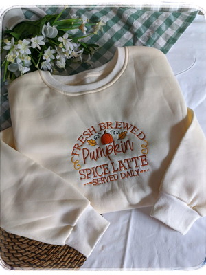 Cozy sweatshirt with Pumpkin Spice Latte logo beige like new size M