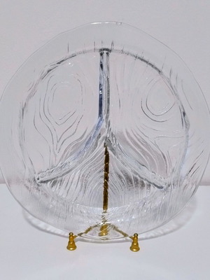 Vintage glass serving platter for nuts 3 sections used, 26 cm