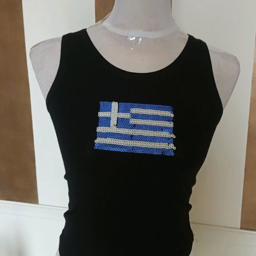 Y2K Black Sleeveless Tank Top With Greek Flag Sequin Like New