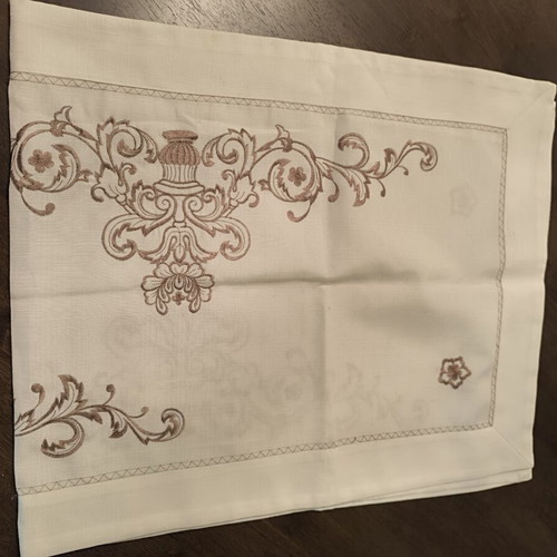 Table runner with embroidery new, white with brown embroidery