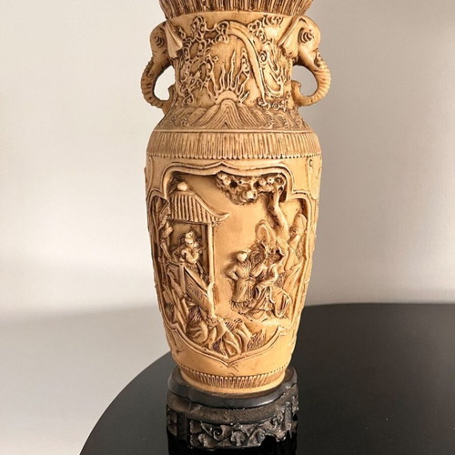 Vintage Oriental Vase with Relief Scenes and Elephant Handles like New
