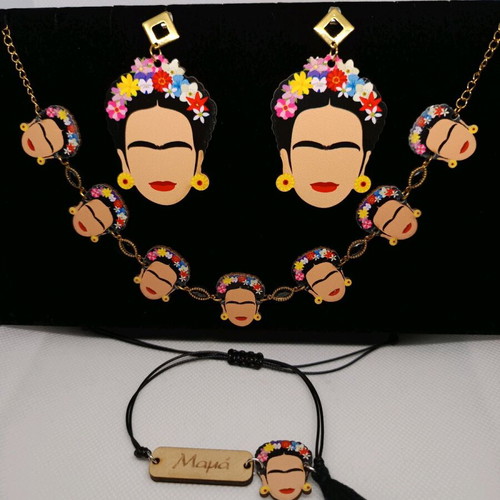 Frida jewelry set like new, multicolor with choker, mom bracelet and earrings
