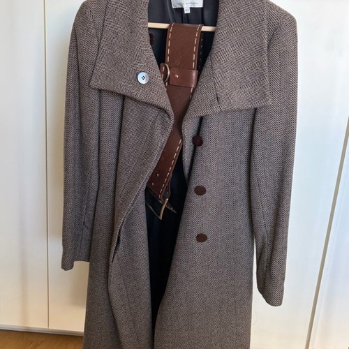 Depolo wool coat with leather belt used, herringbone pattern, size S