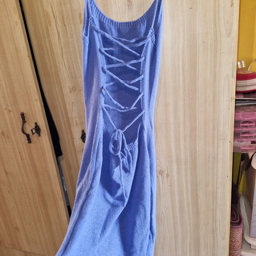 Wool Summer Dress turquoise size L new with side slit and open back