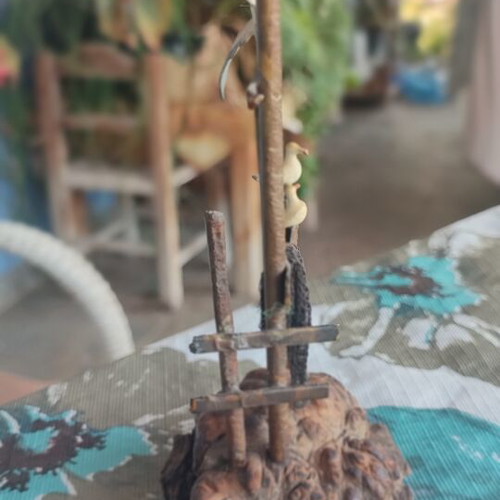 Vintage sea-themed decoration handmade from metal and cork used
