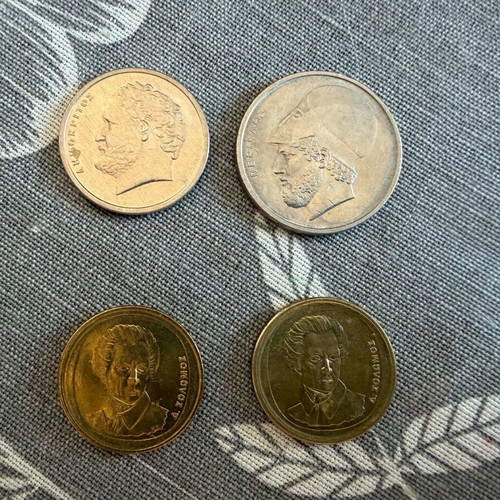 Greek drachma coins used, 10 & 20 drachmas with Democritus, Pericles, Solomos