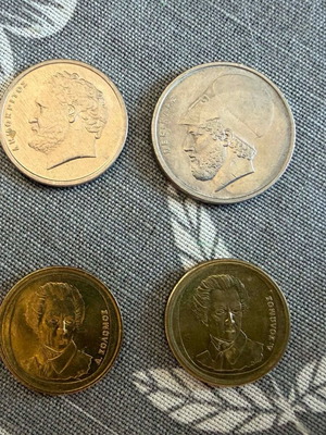 Greek drachma coins used, 10 & 20 drachmas with Democritus, Pericles, Solomos