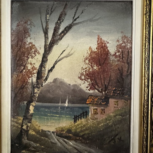 Signed landscape painting with antique double frame, like new