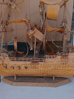 Handmade ship used with toothpicks, 110x90x22 cm
