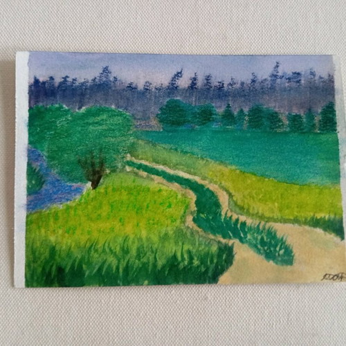 Landscape painting with watercolors and pastels 12.5x17 cm new