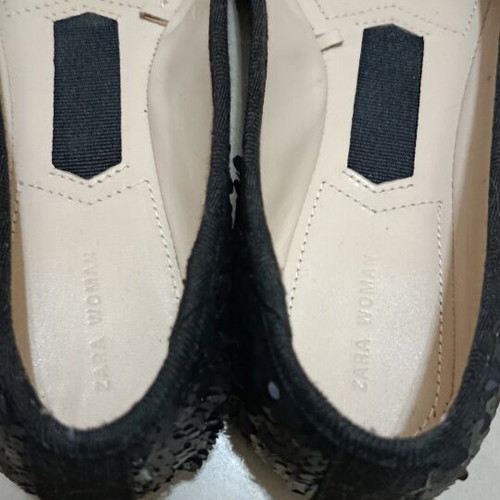 Zara Women black sequin ballerina flats with bow, size 37