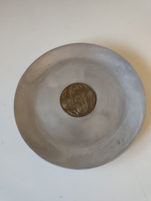 Aluminum and copper plate with brass Cycladic art inset, like new