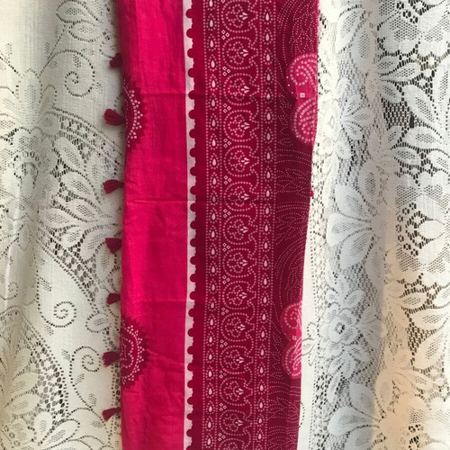 Large scarf like new, burgundy fuchsia pink with flowers and beads, cotton