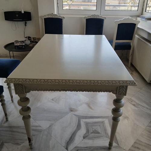 Dining set shabby chic solid wood with 6 velvet chairs used