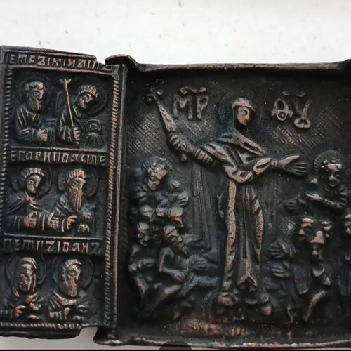 Solid Bronze Religious Triptych Icon from 1800s used
