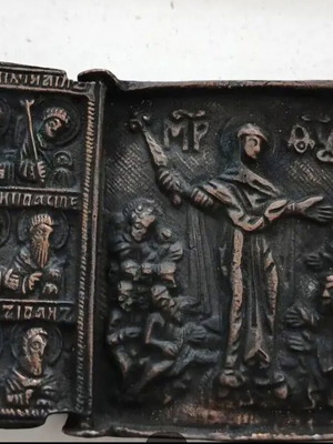 Solid Bronze Religious Triptych Icon from 1800s used