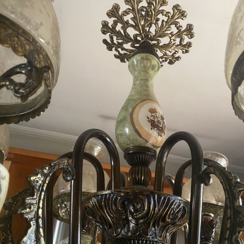 Vintage 6-Light Brass Chandelier with Handmade Porcelain, Like New