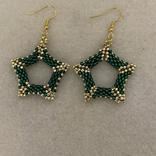 Handmade Star Earrings with TOHO Treasure 11/0 Beads Green and Gold