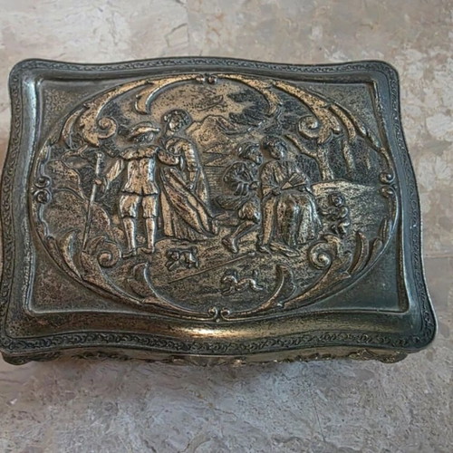Japanese Metal Jewelry Box used, 1950s, velvet interior