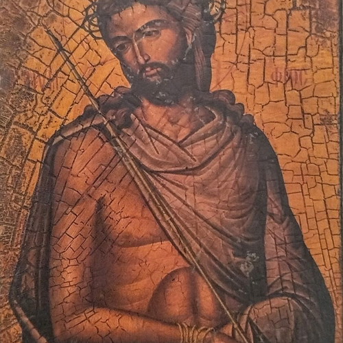 Byzantine icon reproduction used, Christ with crown of thorns
