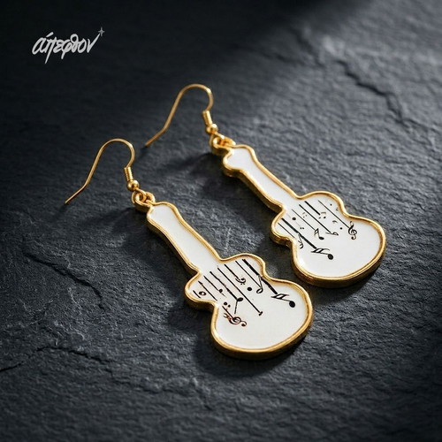 Earrings "Κιθάρες και Νότες" handmade, white and gold