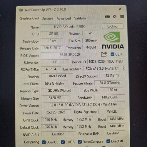 NVIDIA Quadro P2000 5GB GDDR5 graphics card like new, 4 DisplayPort