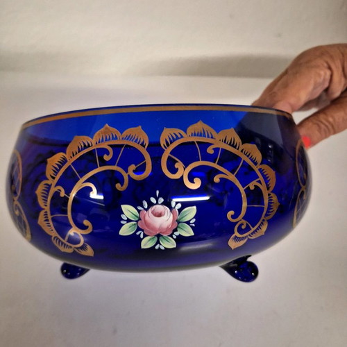 Bohemia crystal bowl used, cobalt color 20×10 with gold and roses