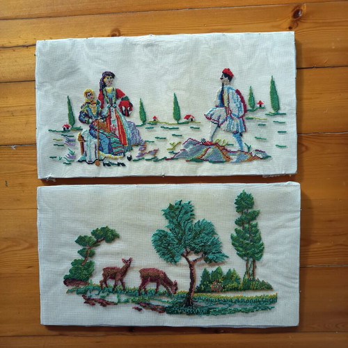 Set of 2 traditional Greek embroidery pieces on fine canvas