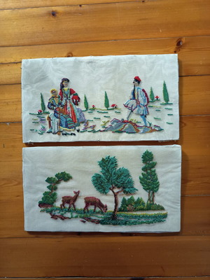 Set of 2 traditional Greek embroidery pieces on fine canvas