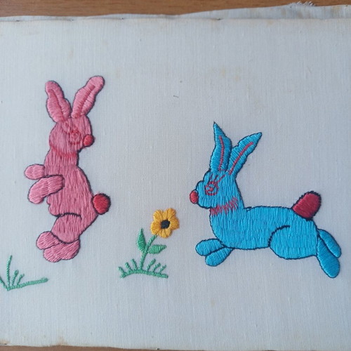 Vintage embroidery with rabbits like new, colorful spring design