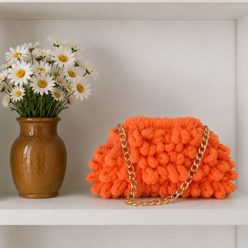 Handmade Puffy Bag with Removable Chain, Like New, Orange