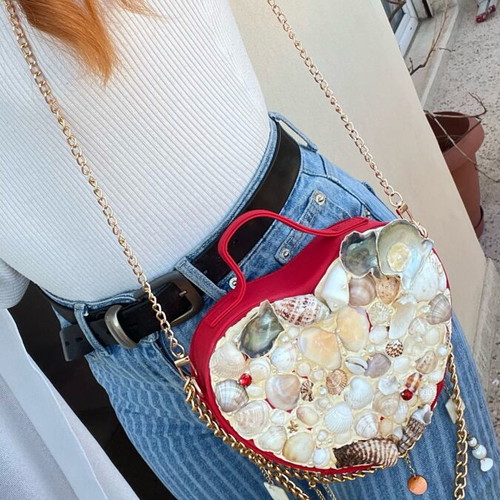 Ocean Glam Red Shoulder Bag with Seashells and Pearls new