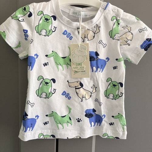 Salopette and blouse set with dog print, new, size 12M