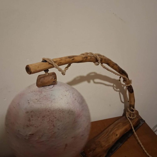 Vintage handmade table lamp with wood, metal, and pink large shade, like new