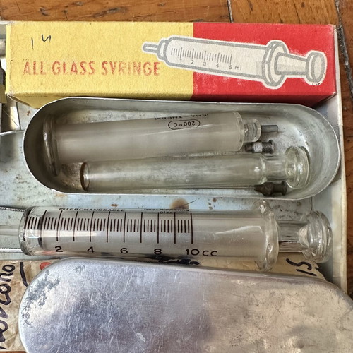 Vintage glass syringe set 5ml with 10 metal needles and case